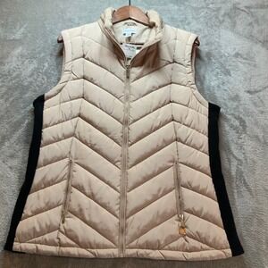 Calvin Klein Womens Champagne Beige Chevron Puffer Vest Gold Zip XL NEW